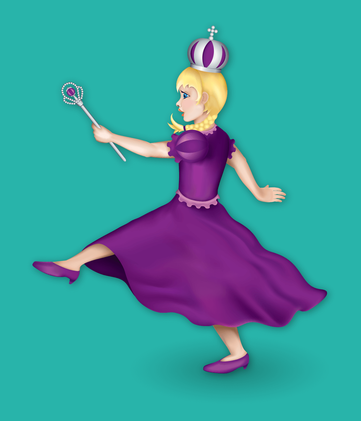 Carnival Queen's Mascot, A detailed cartoon-like girl marches in place. She is wearing a purple dress, silver crown and holds a batton