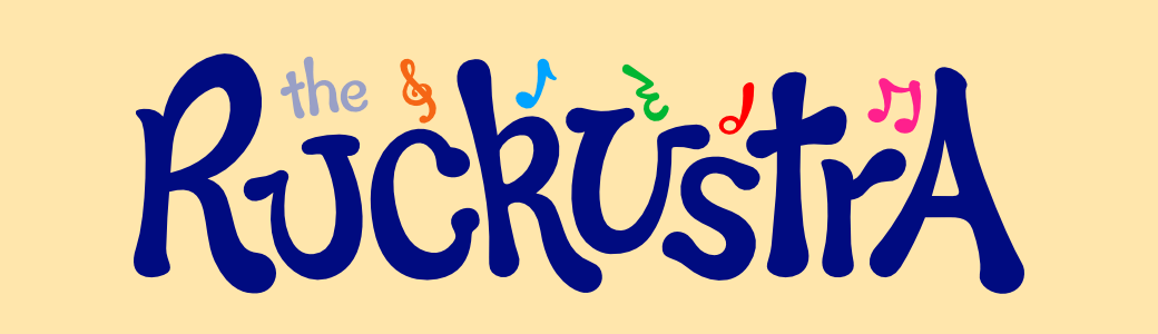 The Ruckustra logo in a playful custom typeface and surrounded by musical notes