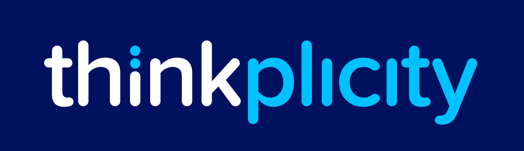 The blue and white Thinkplicity logo in a custom rounded typeface